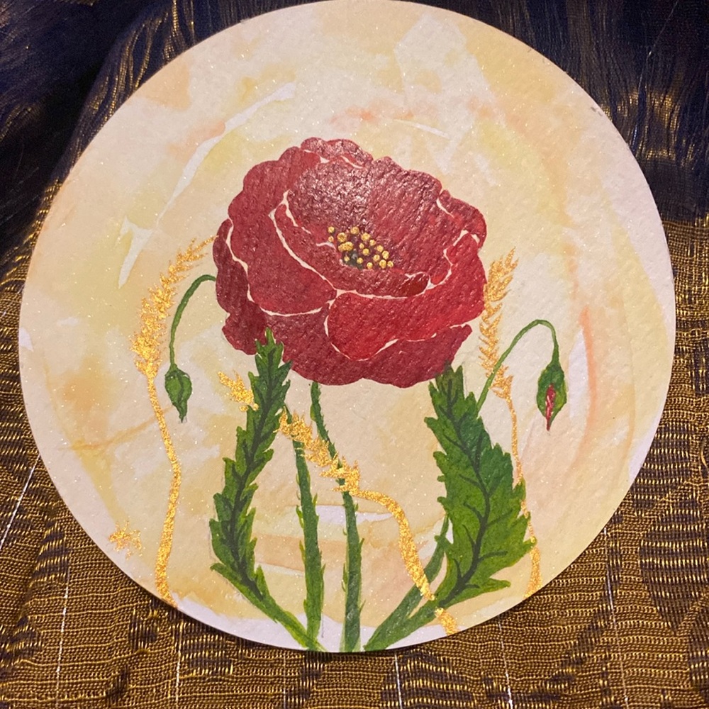 Unframed Original Art Watercolour Poppy & Buds on Circular Paper Alberta Art